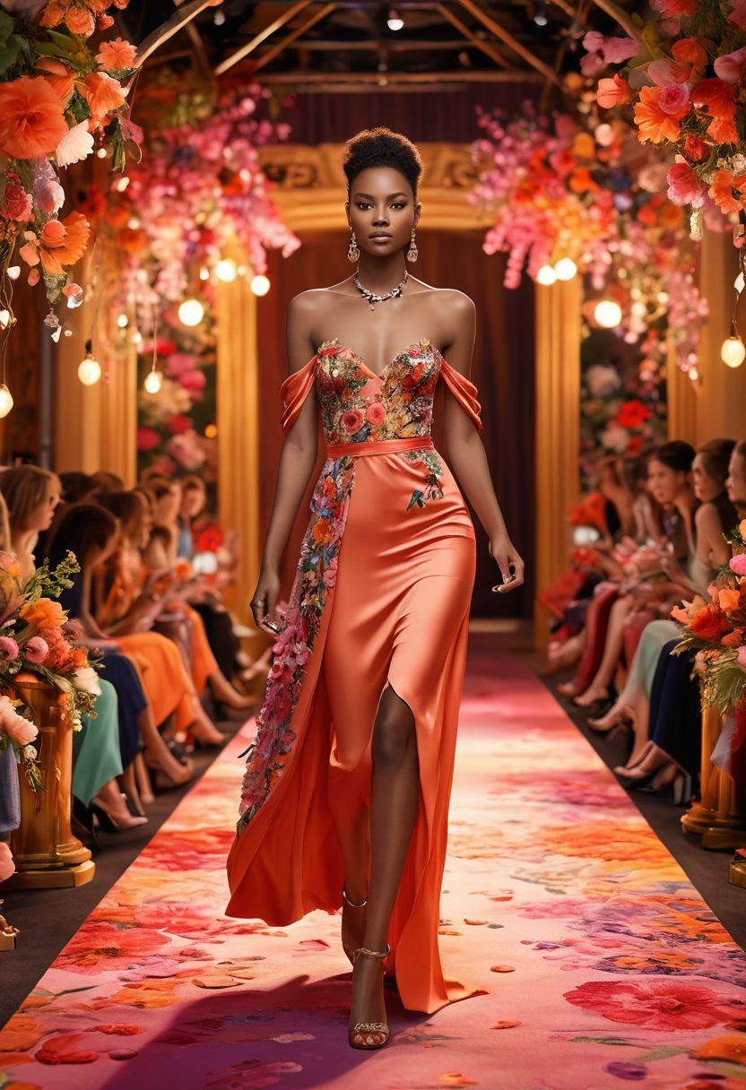 A whimsical scene depicting a vibrant fashion runway adorned with intimate elements like soft textures, delicately draped fabrics, and playful accessories. Various joyful models of diverse backgrounds showcase colorful outfits that blend elegance with sensuality, surrounded by soft glowing lights and floral accents. The background features a cozy, welcoming atmosphere reflecting the warmth of connection. super-realistic. vibrant colors. 3D.