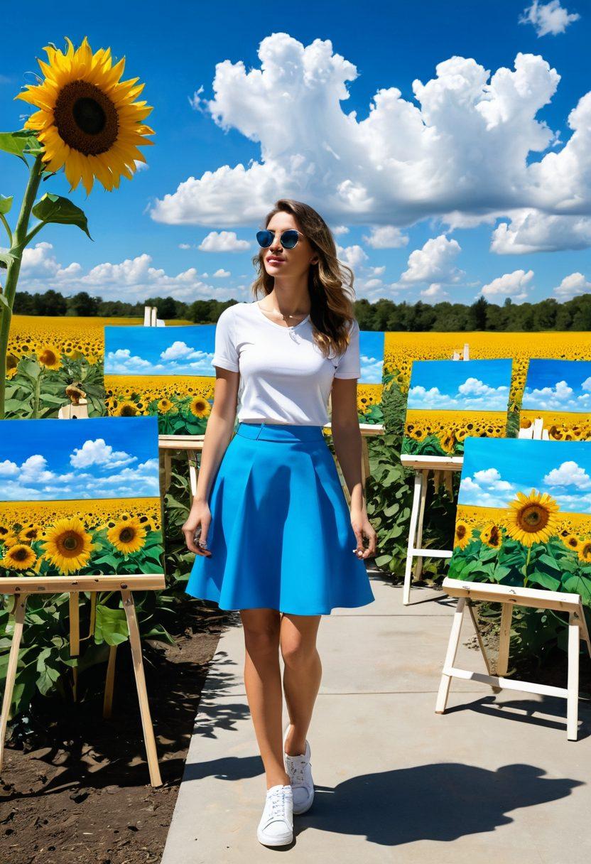 A whimsical scene featuring a vibrant outdoor art gallery with colorful paintings displayed on easels, showcasing various styles of upskirt photography. The atmosphere should be playful and cheerful, with people appreciating the art, laughter, and sunflowers in full bloom around the gallery. Add a soft breeze that causes the light fabrics of skirts to flutter gently, highlighting the essence of artistic freedom. Include a bright blue sky and fluffy clouds for a joyful ambiance. super-realistic. vibrant colors. white background.